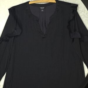 Vera Wang Black V-neck Ruffle Shirred Balloon Sleeve Chic Blouse Size Large